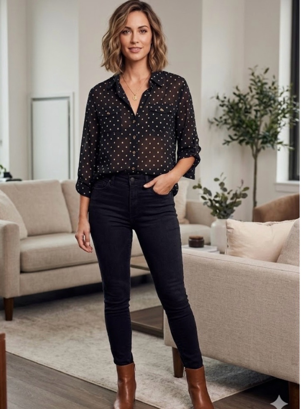 dressbarn Black Blouse with Cream Dot Print